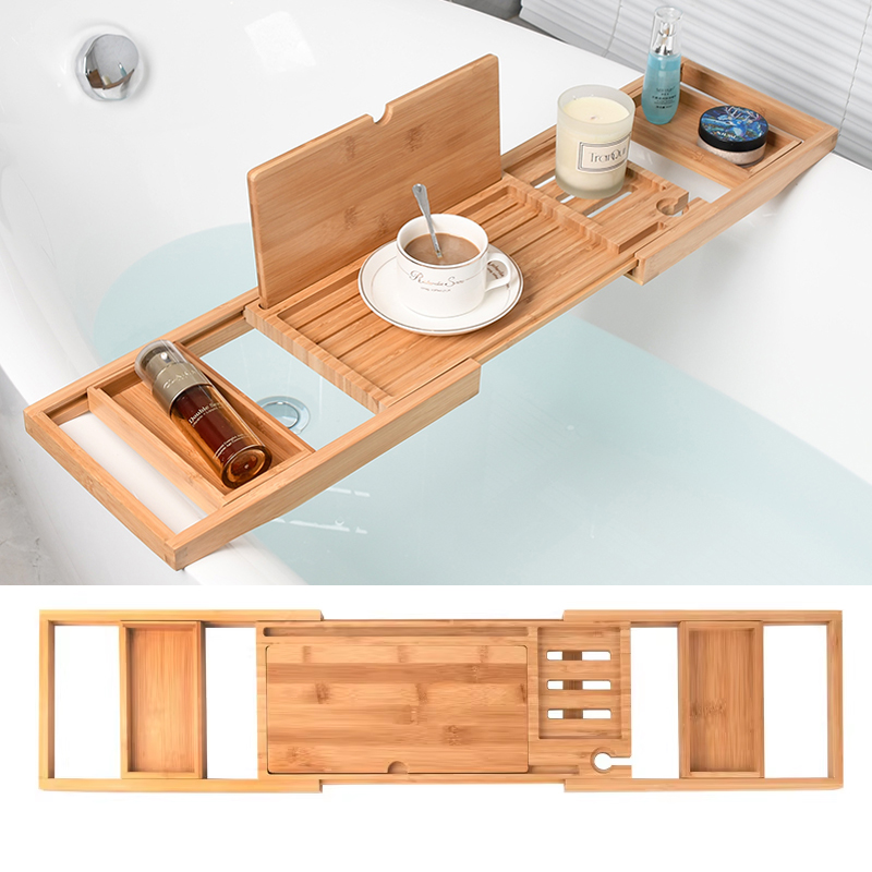 Useful Tablet Accessories - Expandable Wooden Bathtub Tray Home Storage